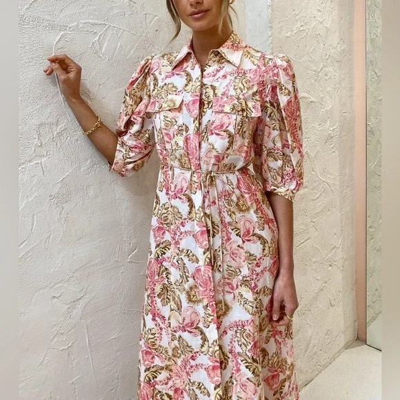 Significant Other Floral Printed Pink Puff Sleeve Midi Dress - Picture 2 of 10